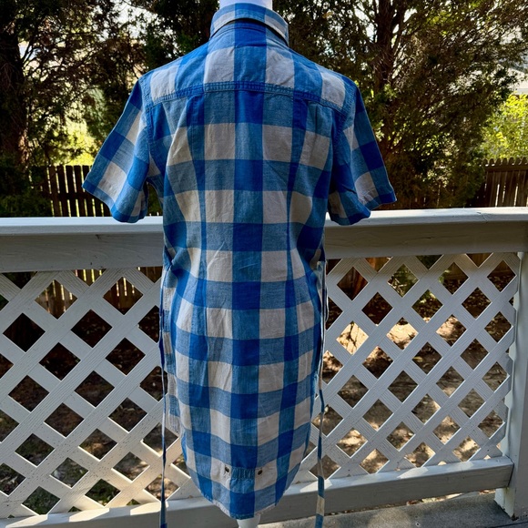 Pendleton Linen Cotton Dress Medium Blue Check Plaid Belted Short Sleeve Pockets - Picture 6 of 9